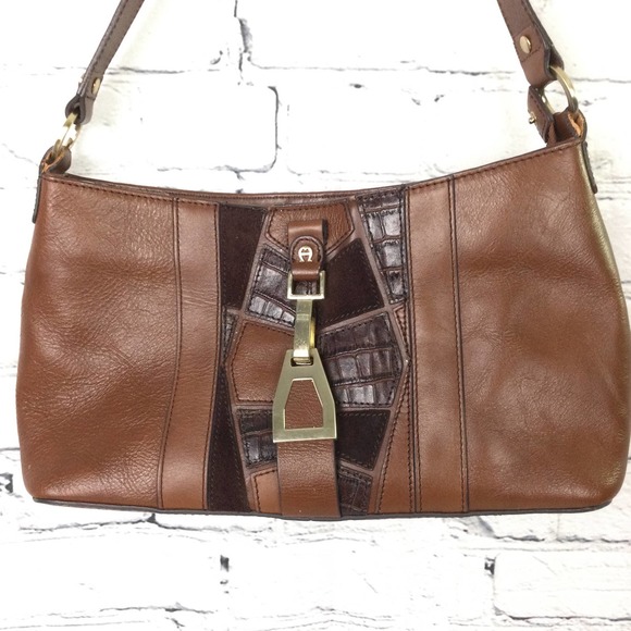 Etienne Aigner Brown Genuine Leather Color Block Zippered Small Shoulder Bag - Picture 2 of 12
